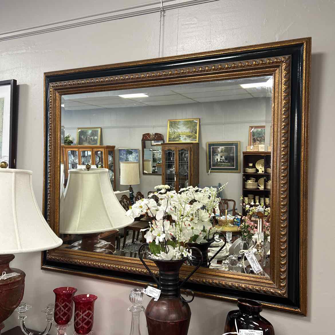 Beveled Glass Mirror in Black & Gold Frame