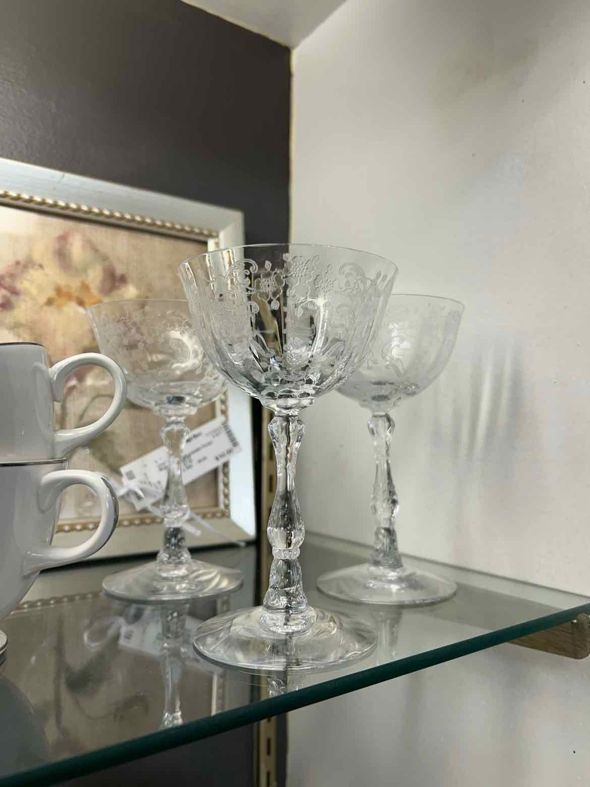 6 Etched Crystal Wine Glasses