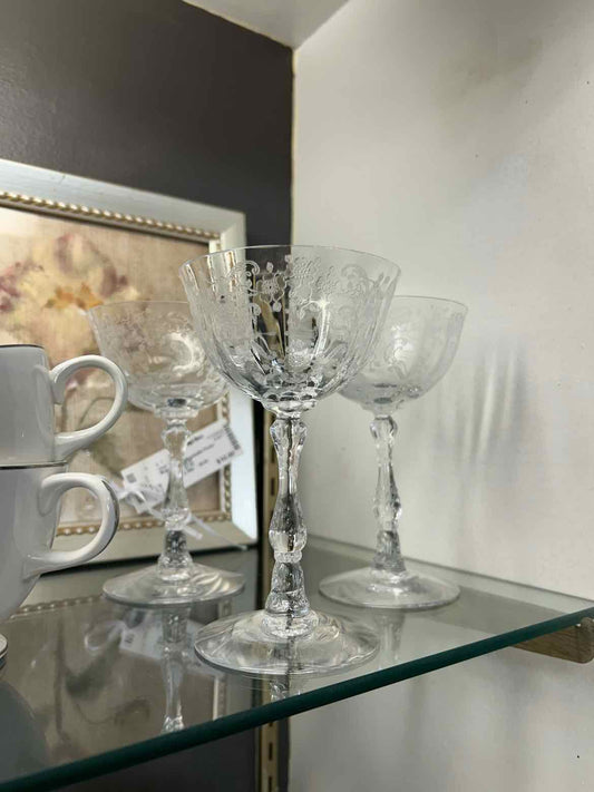 6 Etched Crystal Wine Glasses