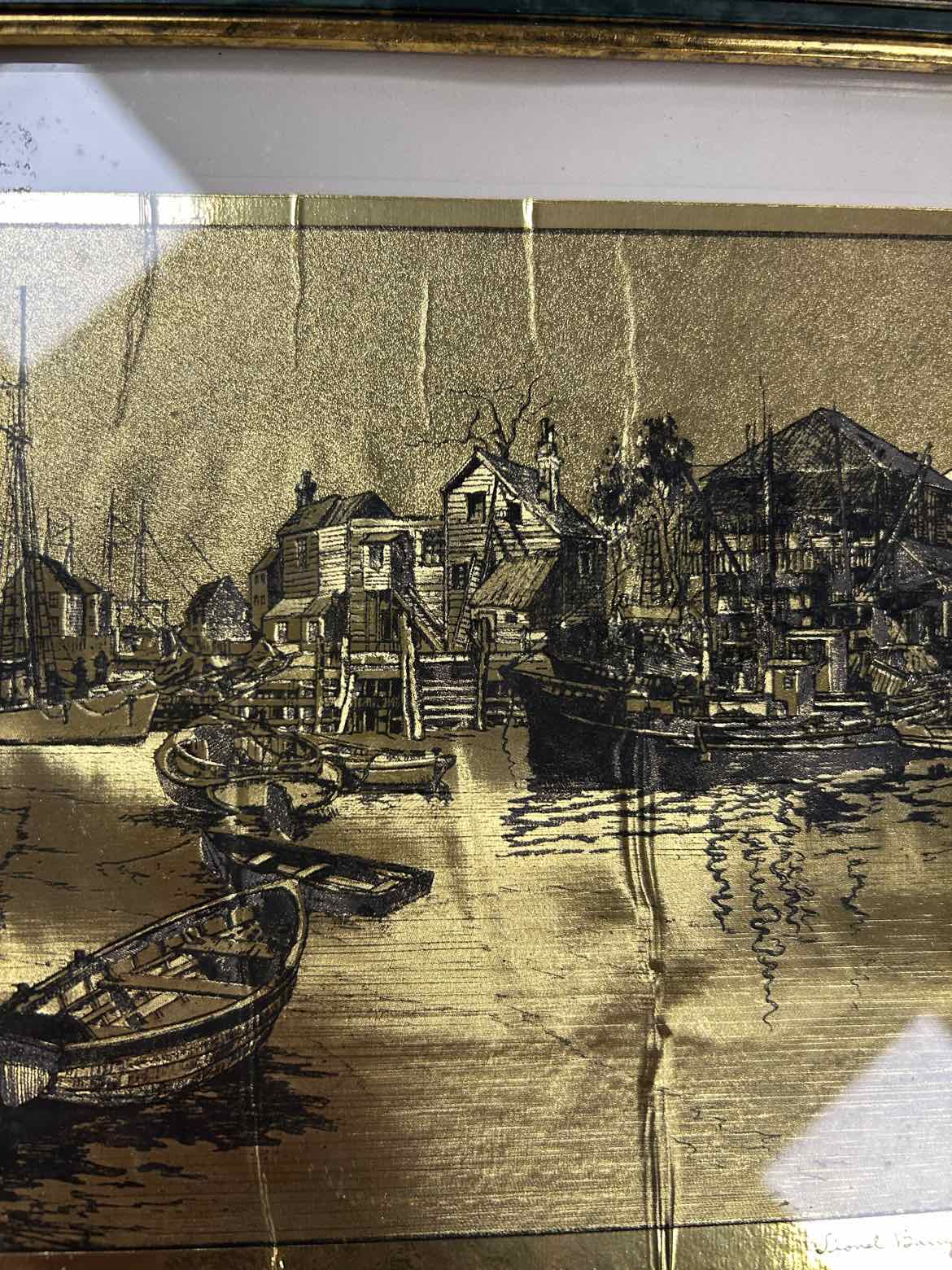 Boats In Harbor Gold And Black Etching Picture