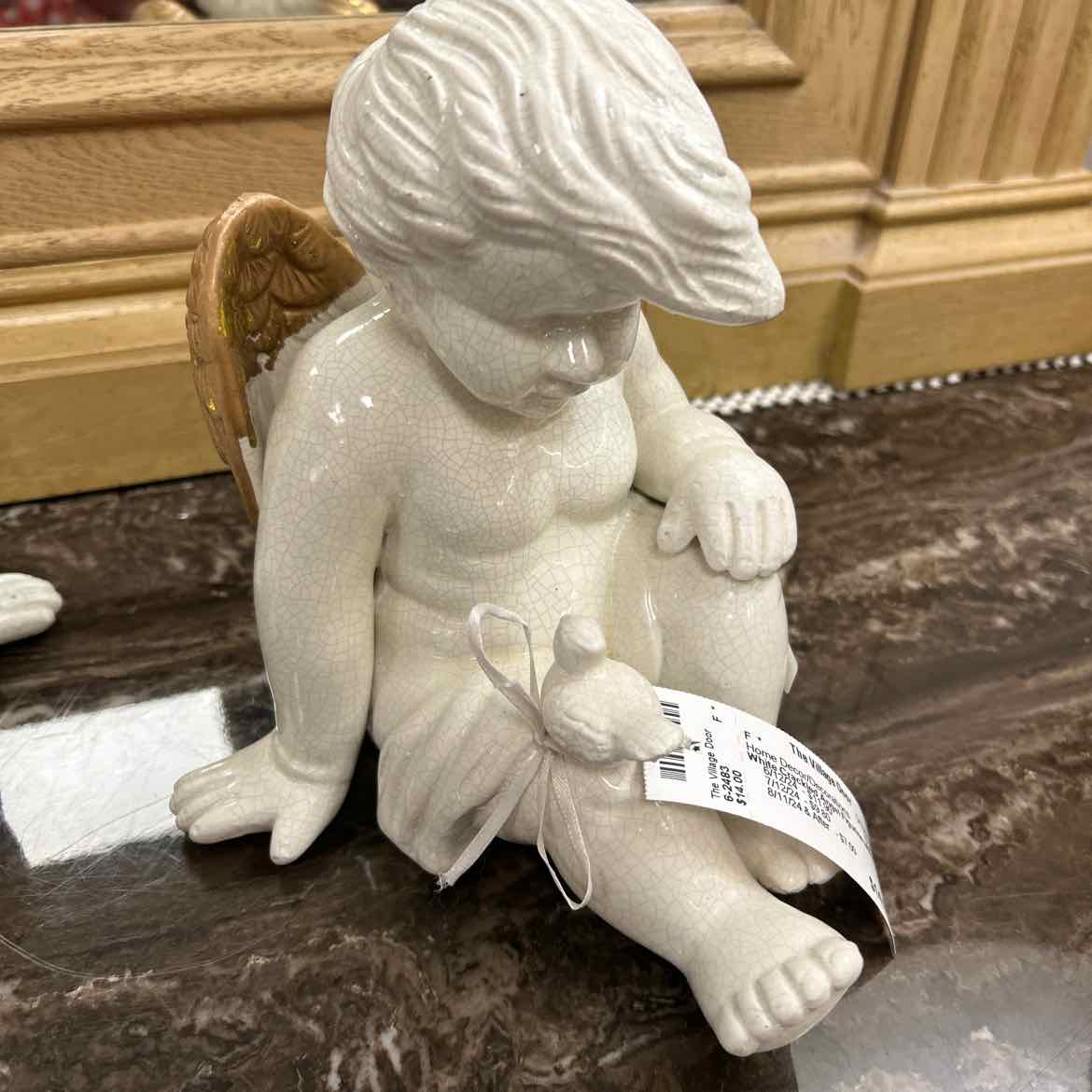 White Crackled Angel Figurine w/Bird