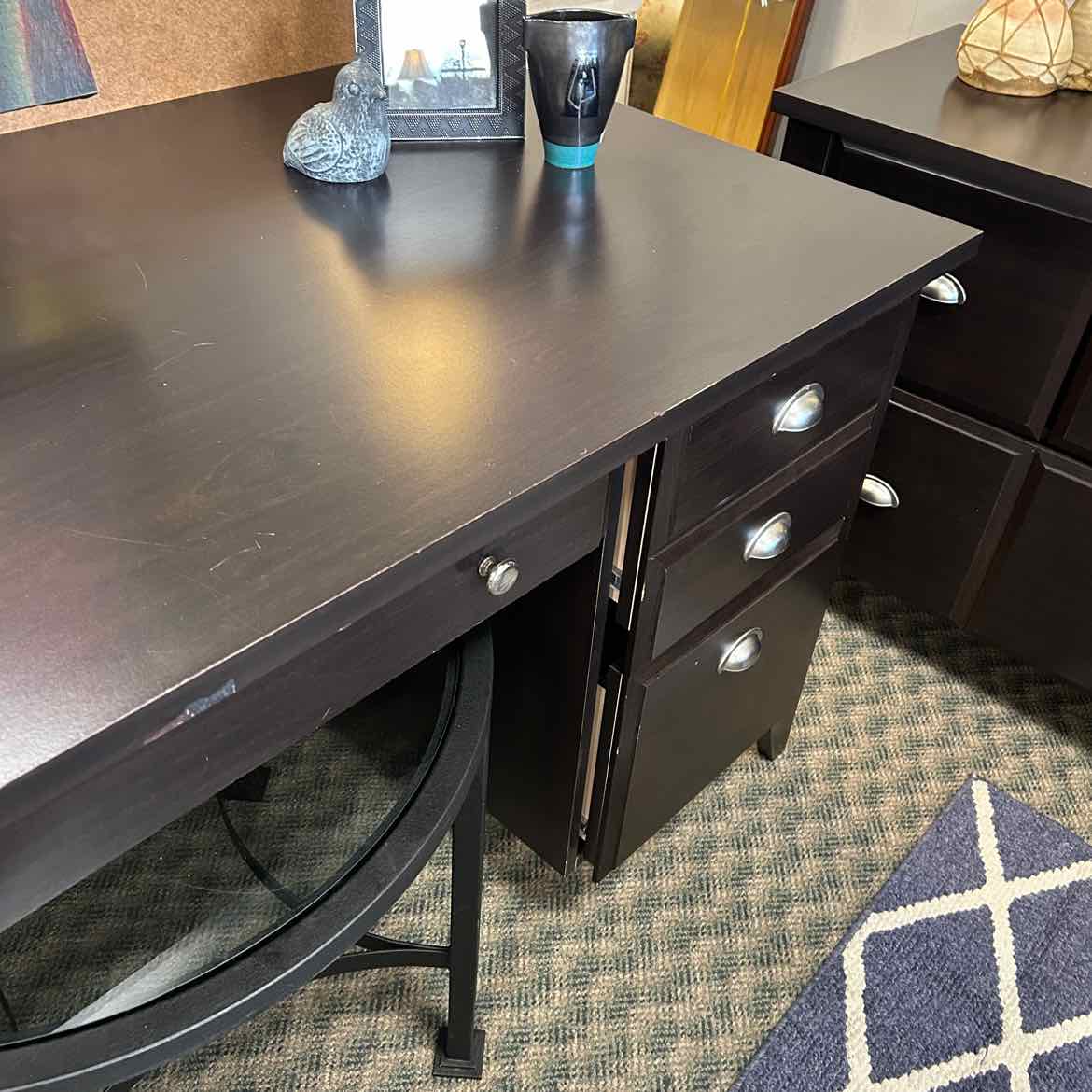 Large Black Wood Desk w/Silver Handles AS IS