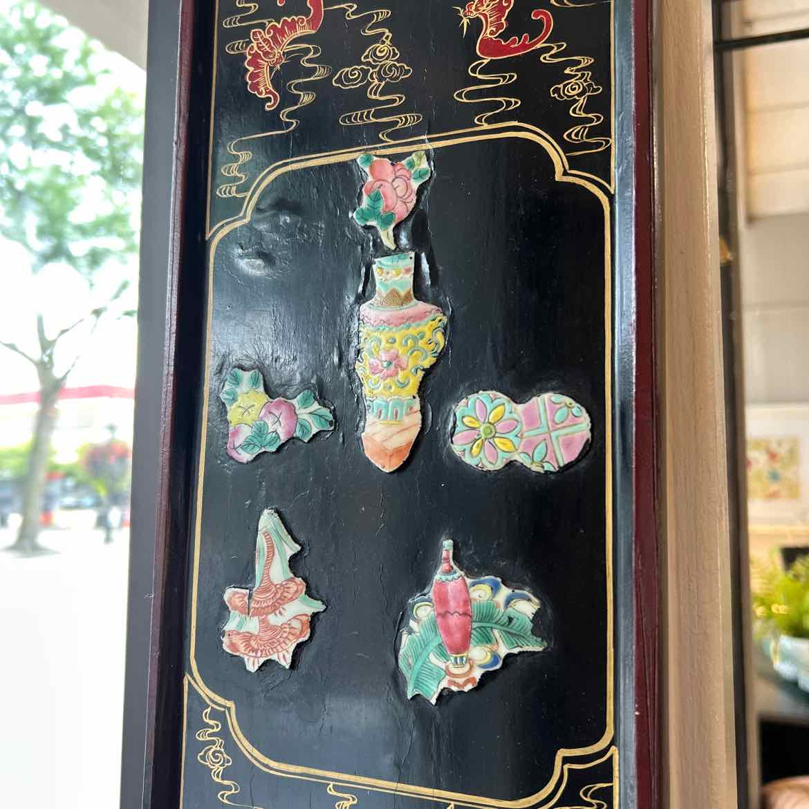 Asian Rectangular Picture w/Metal Flowers