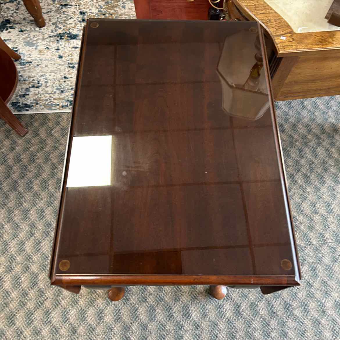 Wood End Table w/Folding Sides & Glass Top