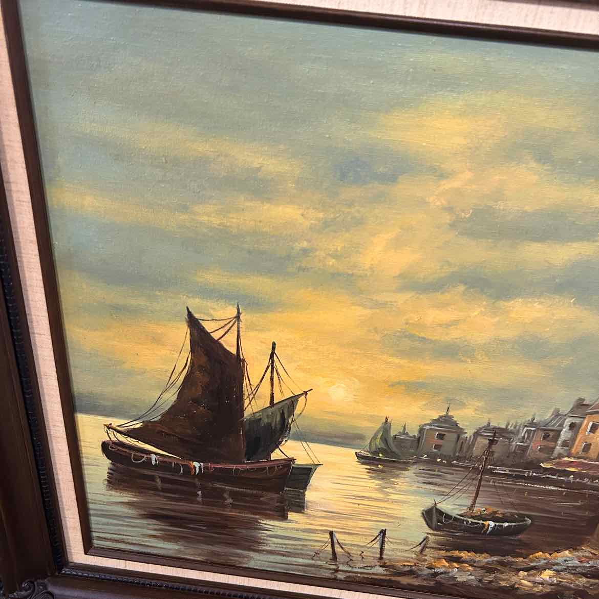 Oil Painting of Sailboat & Buildings