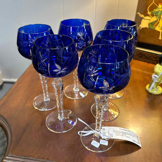 6 Czech Cobalt Blue Wine Glasses