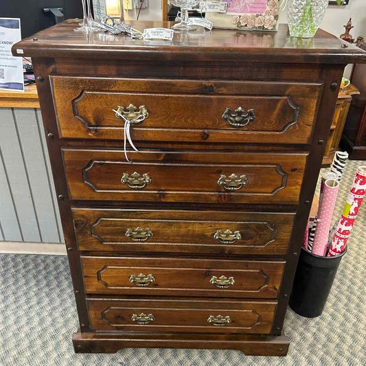 Tall Wood 5 Drawer Chest w/Brass Handles