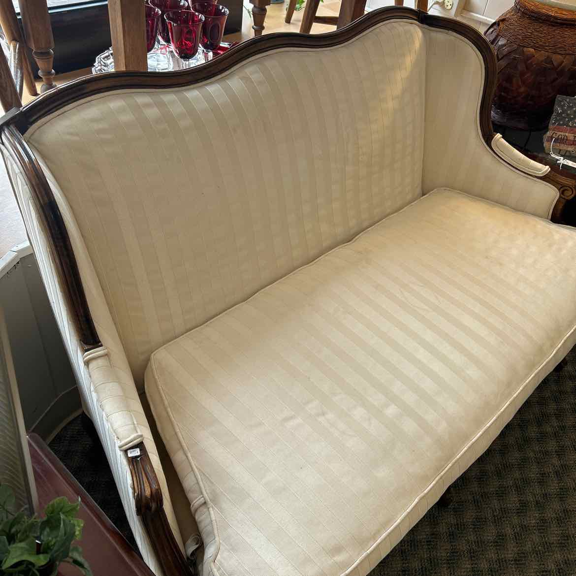 White Loveseat w/Wood Trim