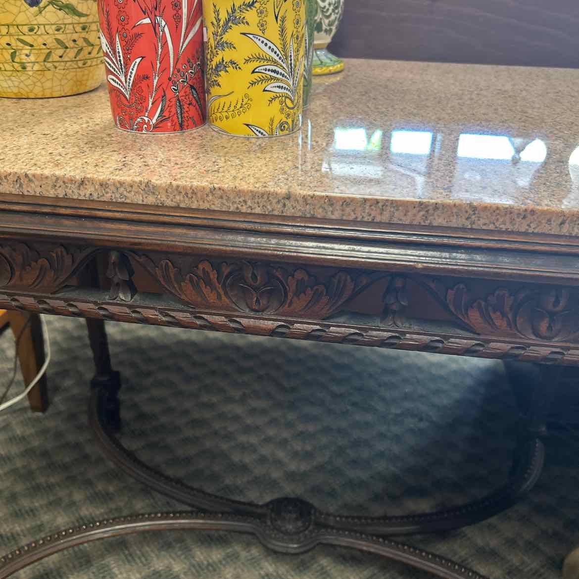 Stone Top Carved Wood Table