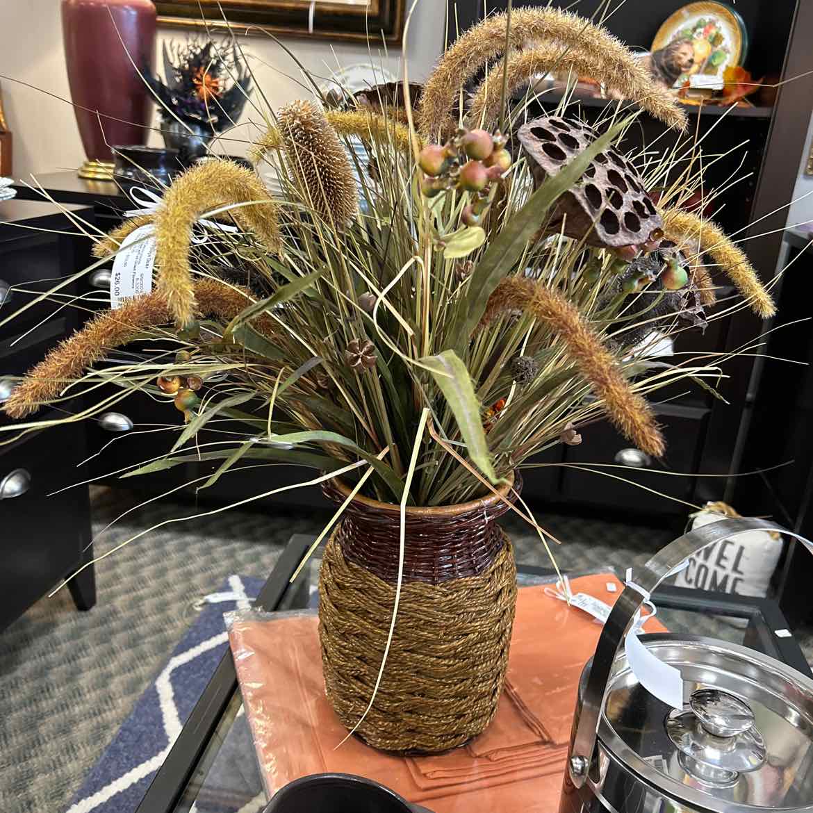 Faux Straw Vase w/Fall Dried Flowers