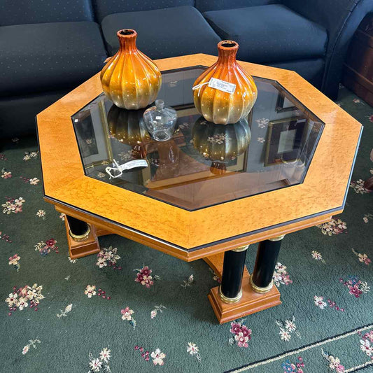Octagon Wood & Glass Coffee Table w/Black Legs