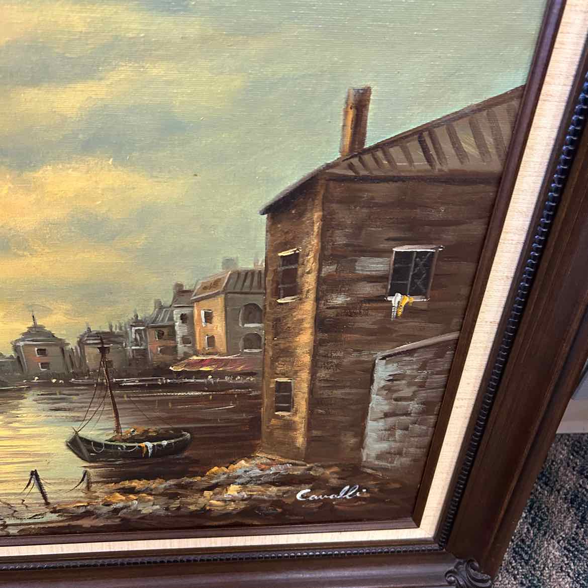 Oil Painting of Sailboat & Buildings