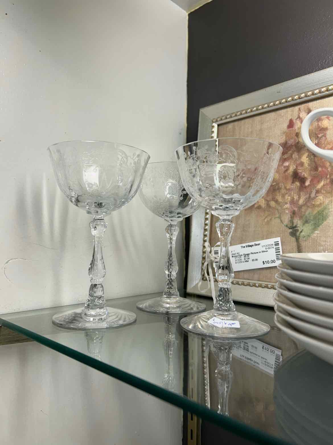 6 Etched Crystal Wine Glasses