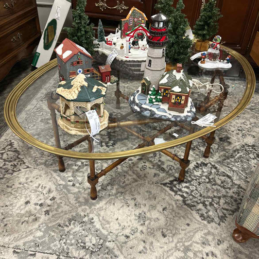 Oval Glass & Bamboo Wood Legs Coffee Table