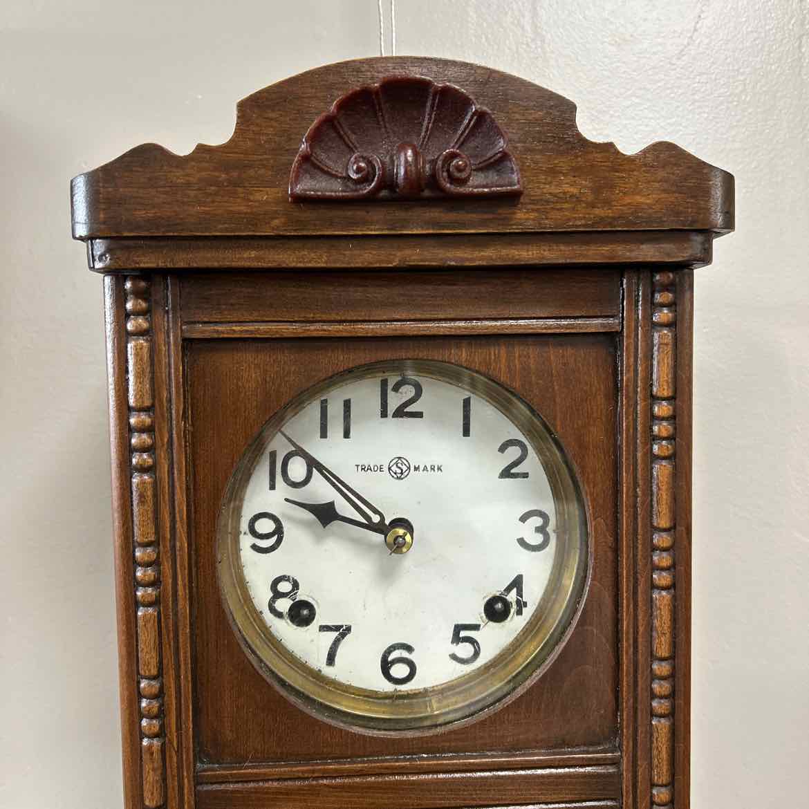 Wood Hanging Clock w/Key Trademark AS IS