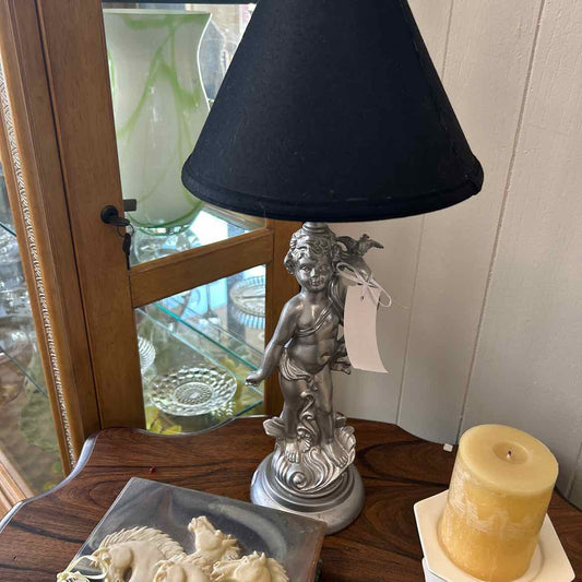 Silver Cherub Lamp w/Black Shade