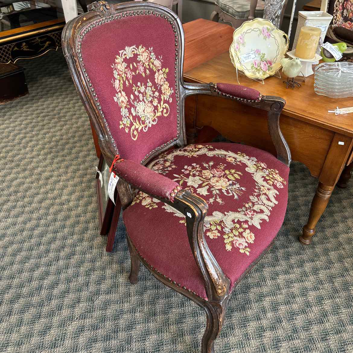 Burgundy Floral Needlepoint Provincial Chair