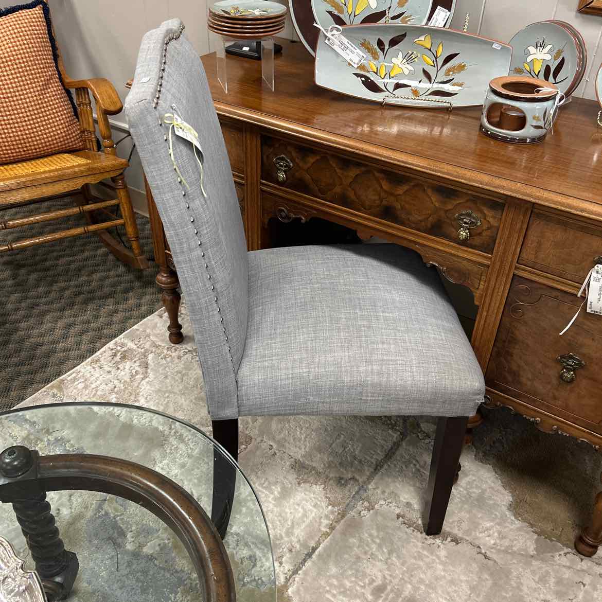Gray Upholstered Chair w/Nail Heads