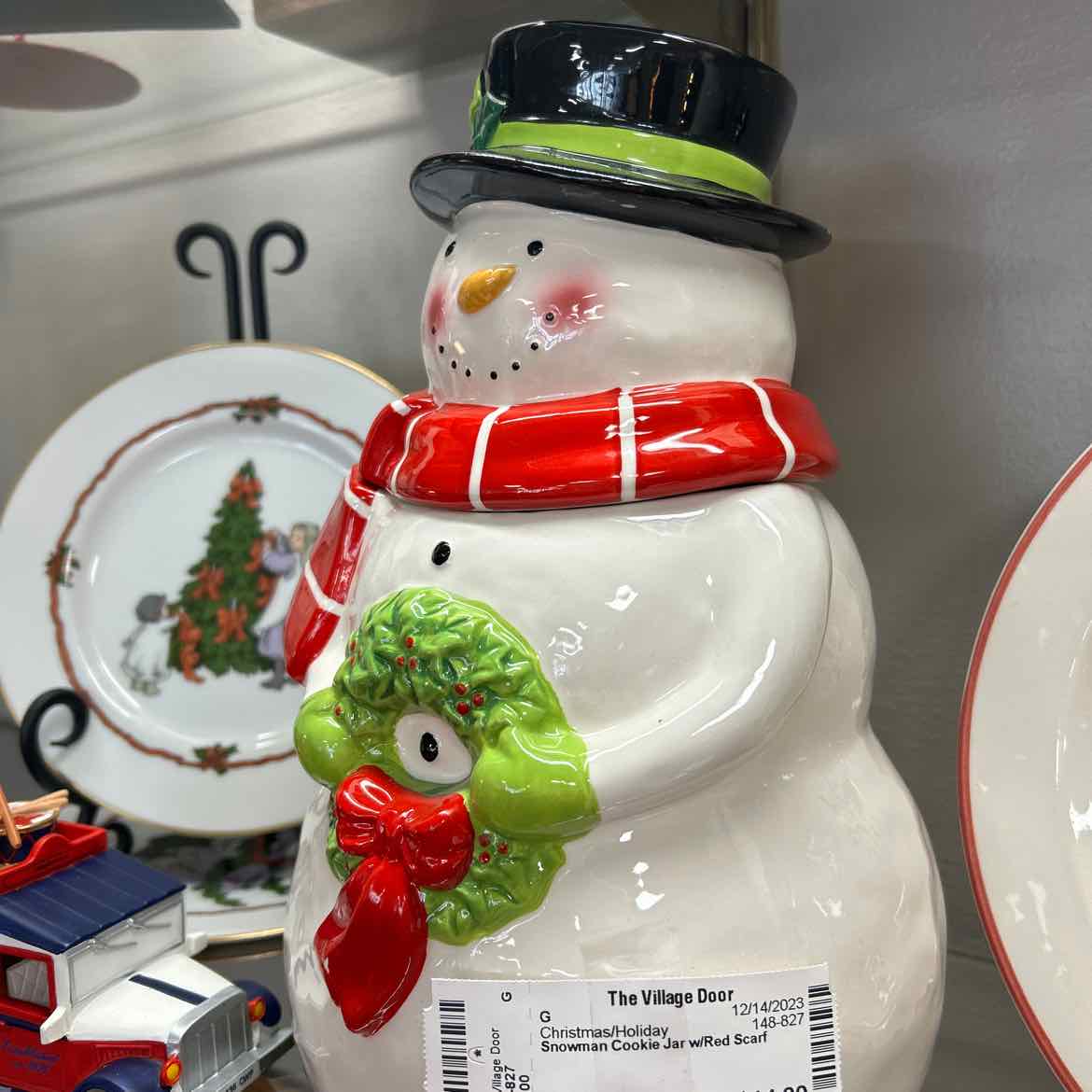 Snowman Cookie Jar w/Red Scarf