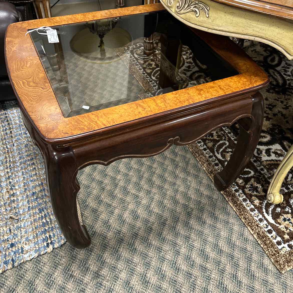 Burled Wood & Beveled Glass End Table