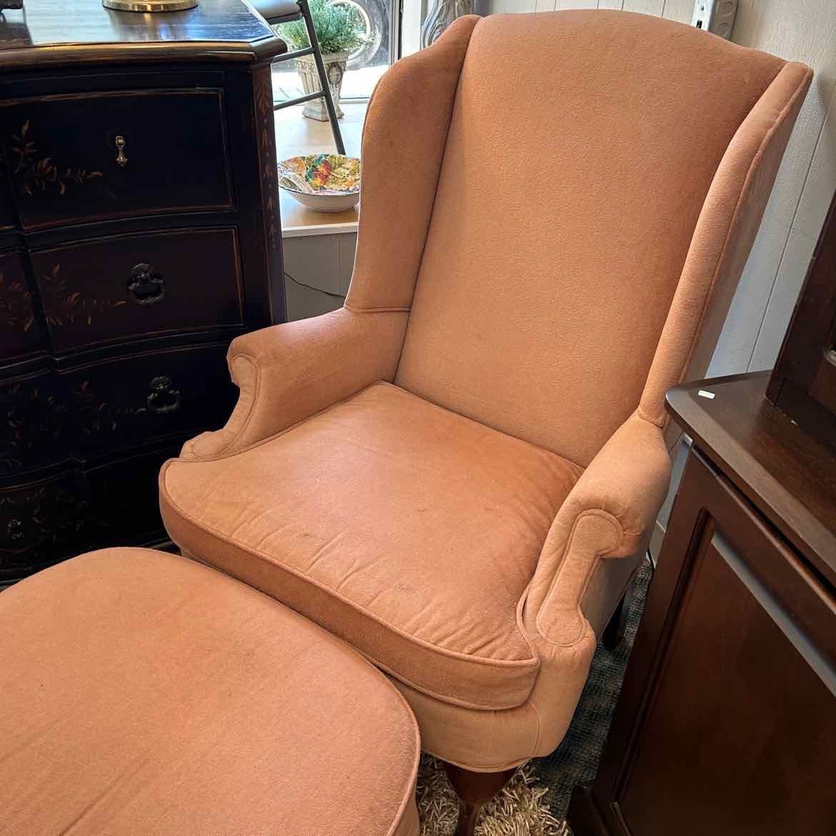 Salmon Upholstered Wing Chair w/Ottoman