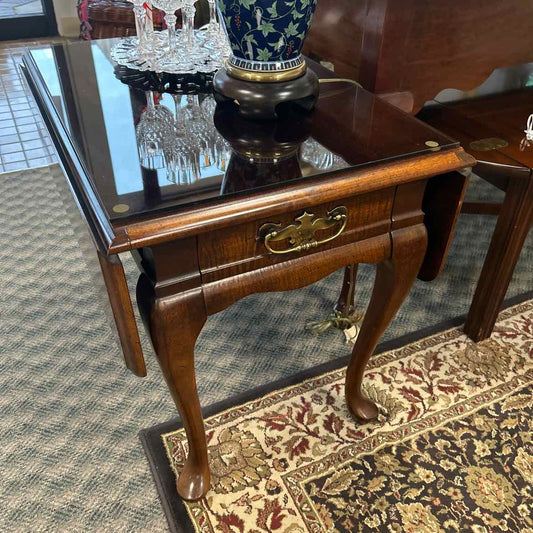 Wood End Table w/Folding Sides & Glass Top