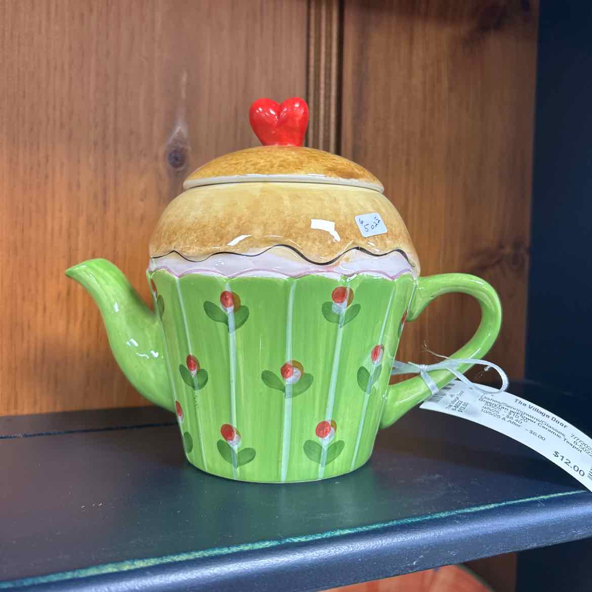 Green/Tan w/Flower Ceramic Teapot