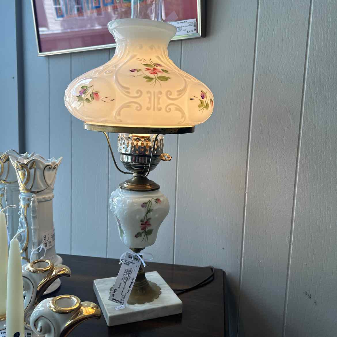 White Hurricane Lamp w/Flowers