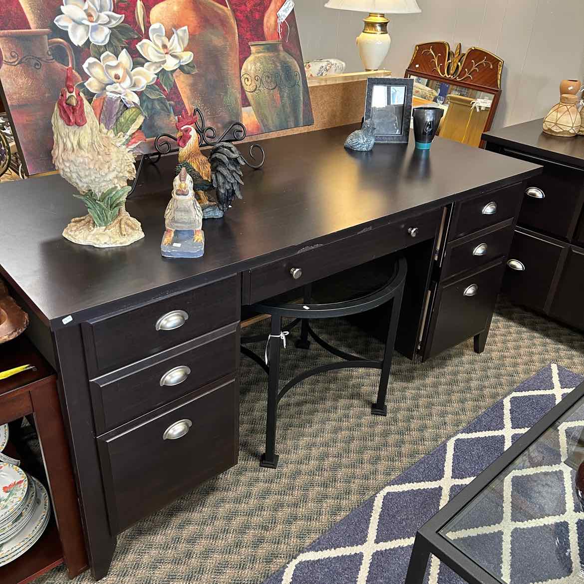 Large Black Wood Desk w/Silver Handles AS IS