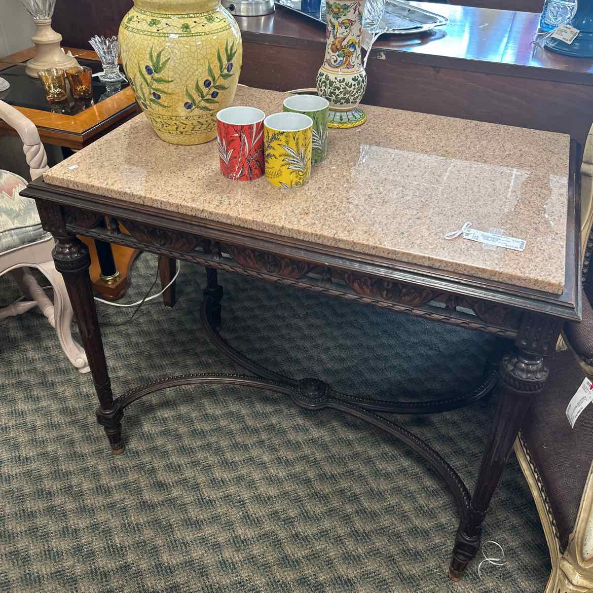 Stone Top Carved Wood Table