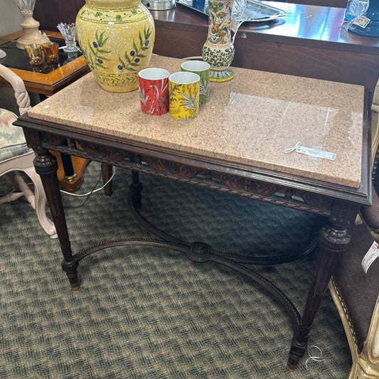 Stone Top Carved Wood Table