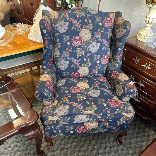 Dark Blue Floral Wingback Chair