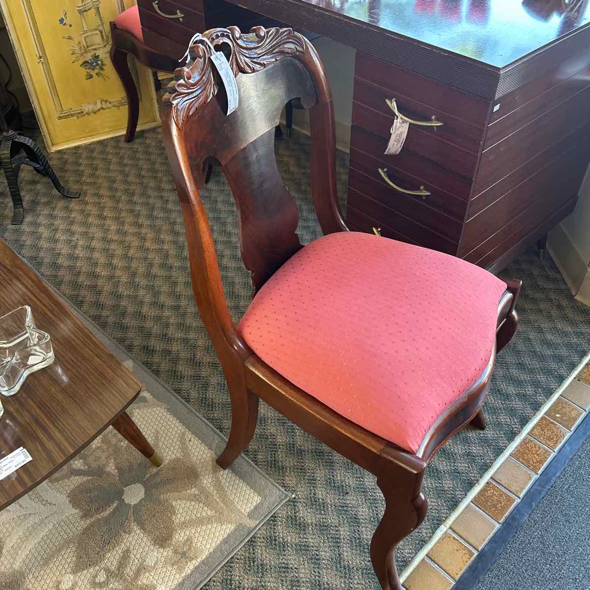 Vintage Wood Chair w/Rose Fabric Seat