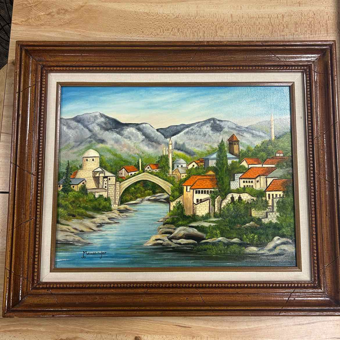 Painting of Town on River w/Mountains