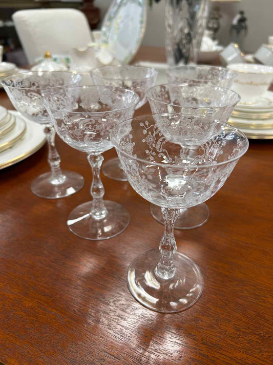 6 Etched Crystal Wine Glasses