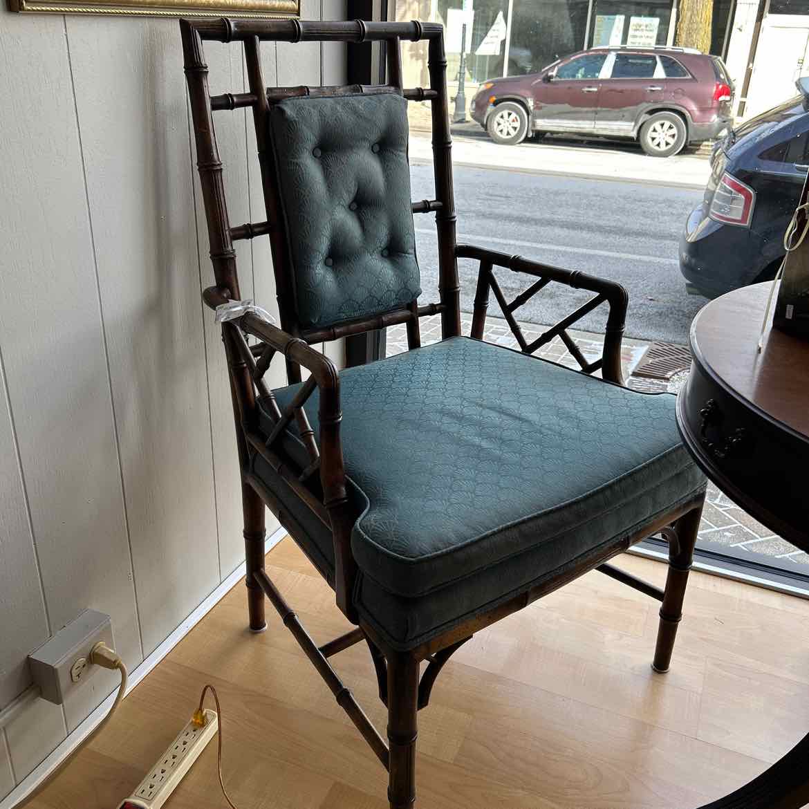 Blue Upholstered Side Chair with Wood Arms