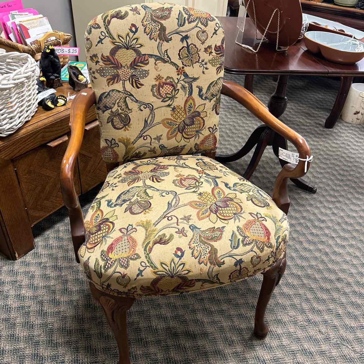 Tan Floral Upholstered Arm Chair - AS IS