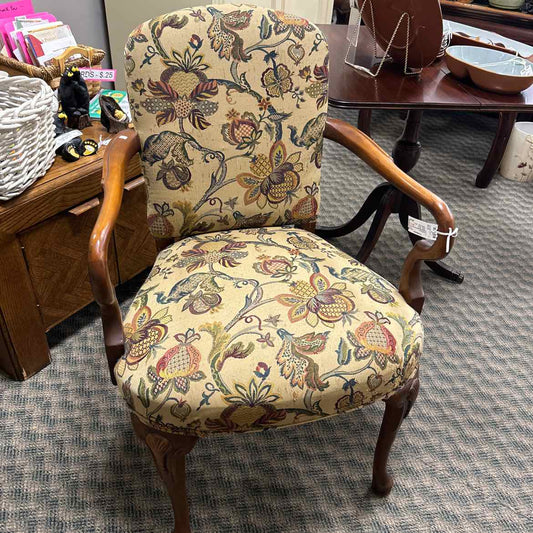 Tan Floral Upholstered Arm Chair - AS IS