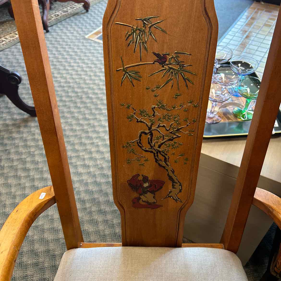 Wood Chair w/ Asian Design and Tan Seat