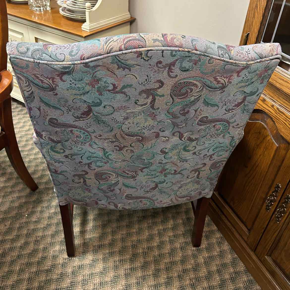 Blue Scroll Pattern Chair w/Wood Arms