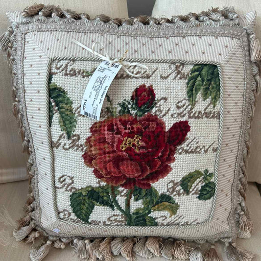 Pillow w/Big Red Flower & Fringe