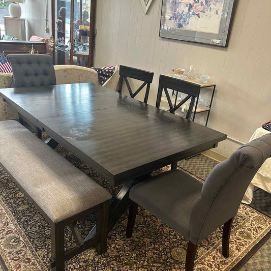 Dark Wood Dining Table w/4 Chairs & Bench