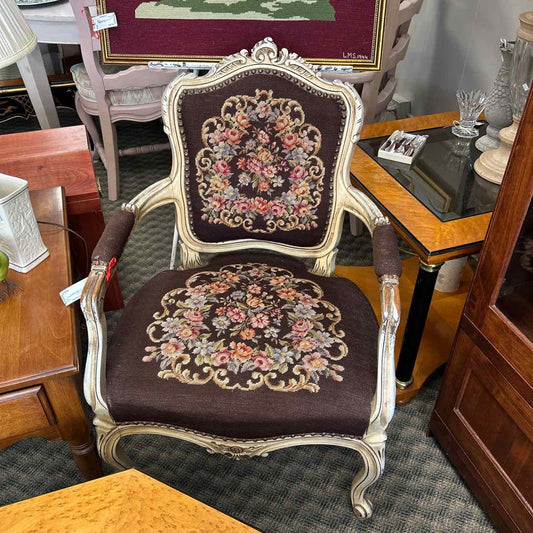Brown Floral Needlepoint Provincial Chair