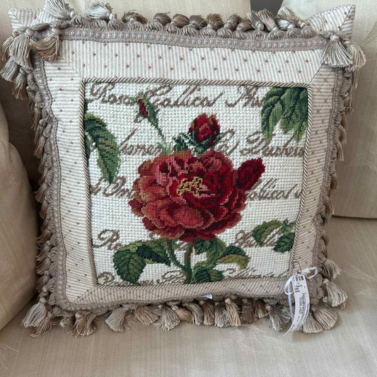 Pillow w/Big Red Flower & Fringe
