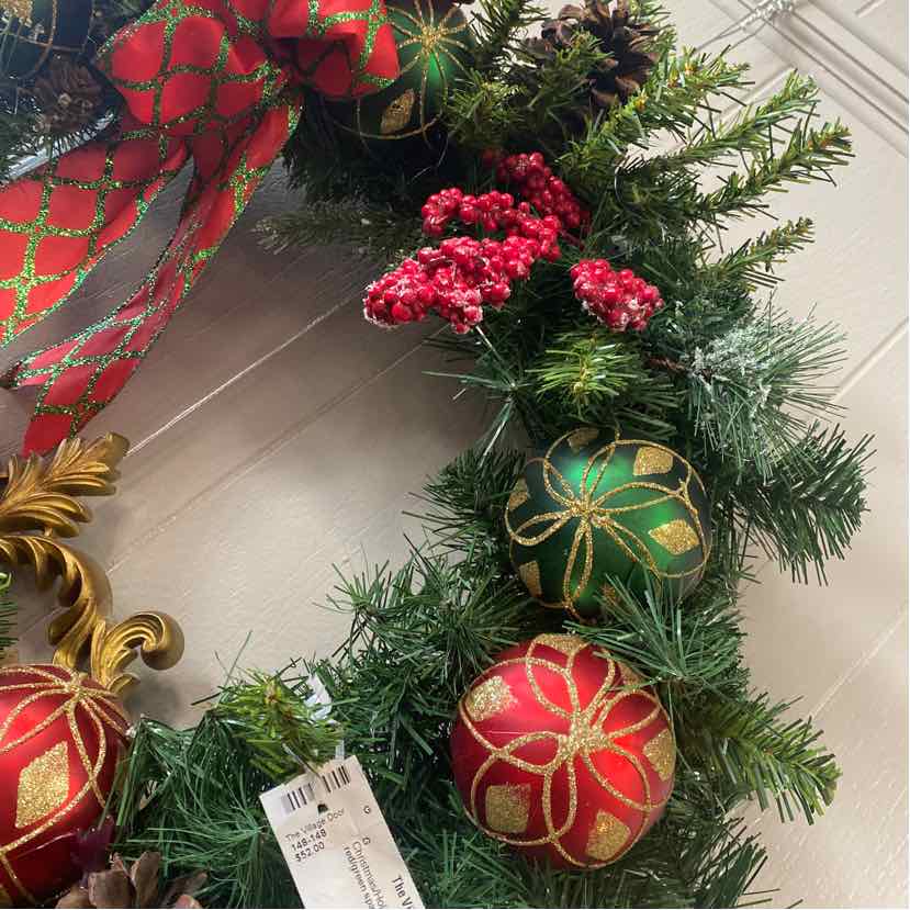 Wreath with Red and Green Sparkle Bow and Ornaments