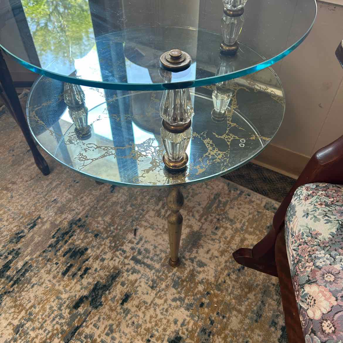 Glass Side Table w/Shelf & Gold Legs