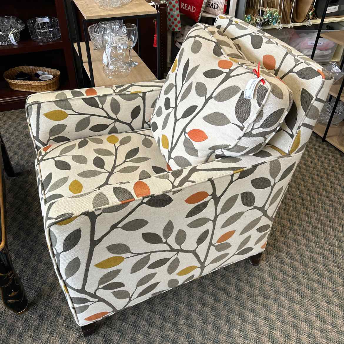 Upholstered Arm Chair W Gray,Gold,Green Leaves