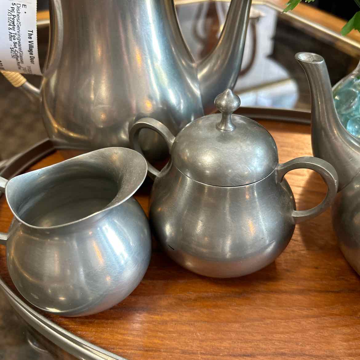 5 Pc Pewter Tea Set - Coffee Pot/Tea Pot/Sugar/Creamer/Tray