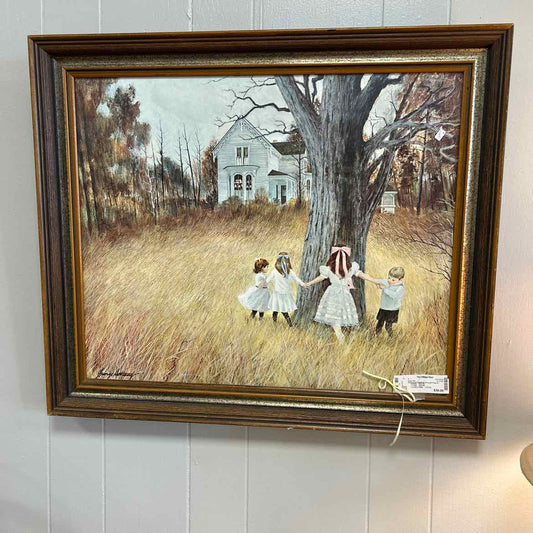 Picture of Children Around Tree in Brown Frame