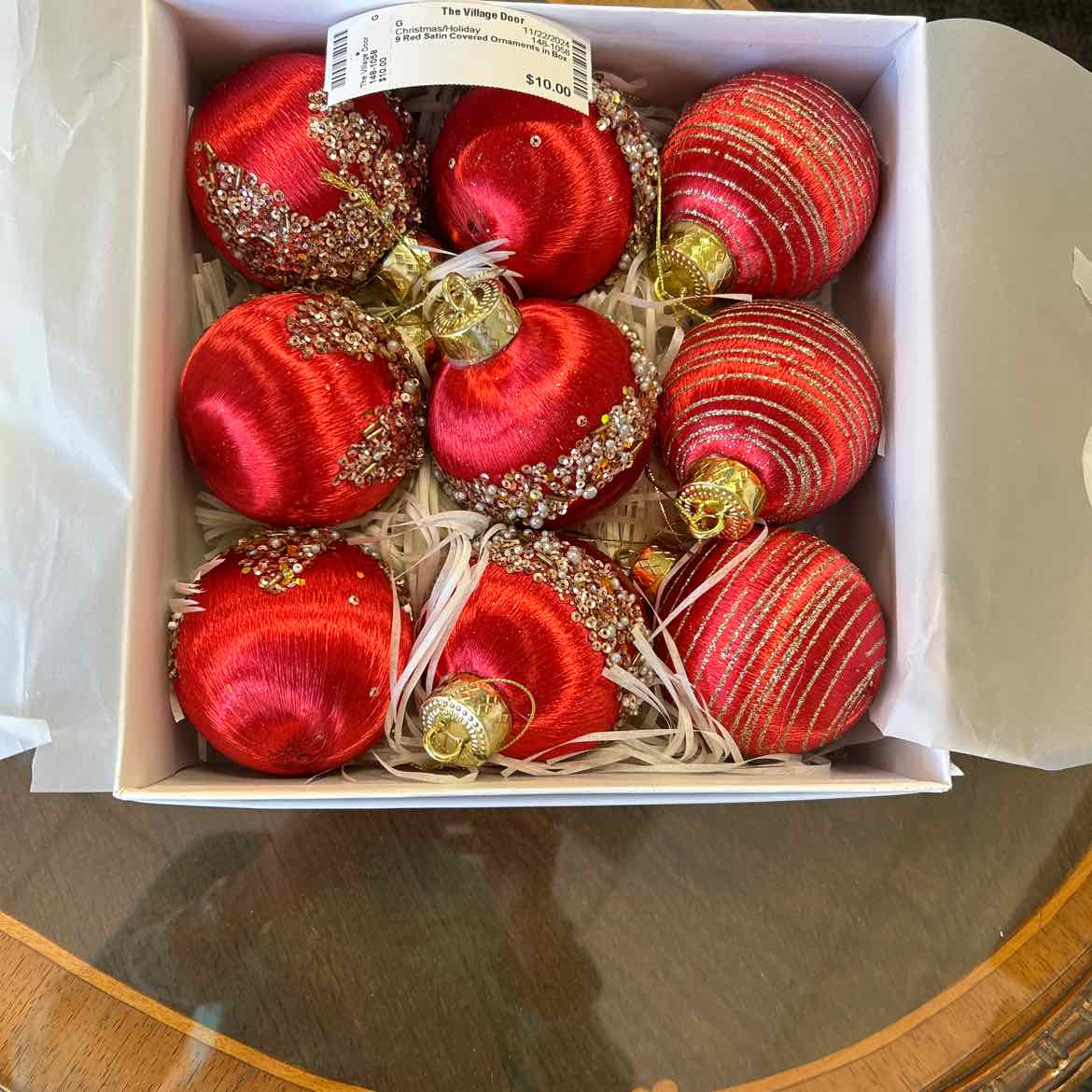 9 Red Satin Covered Ornaments in Box